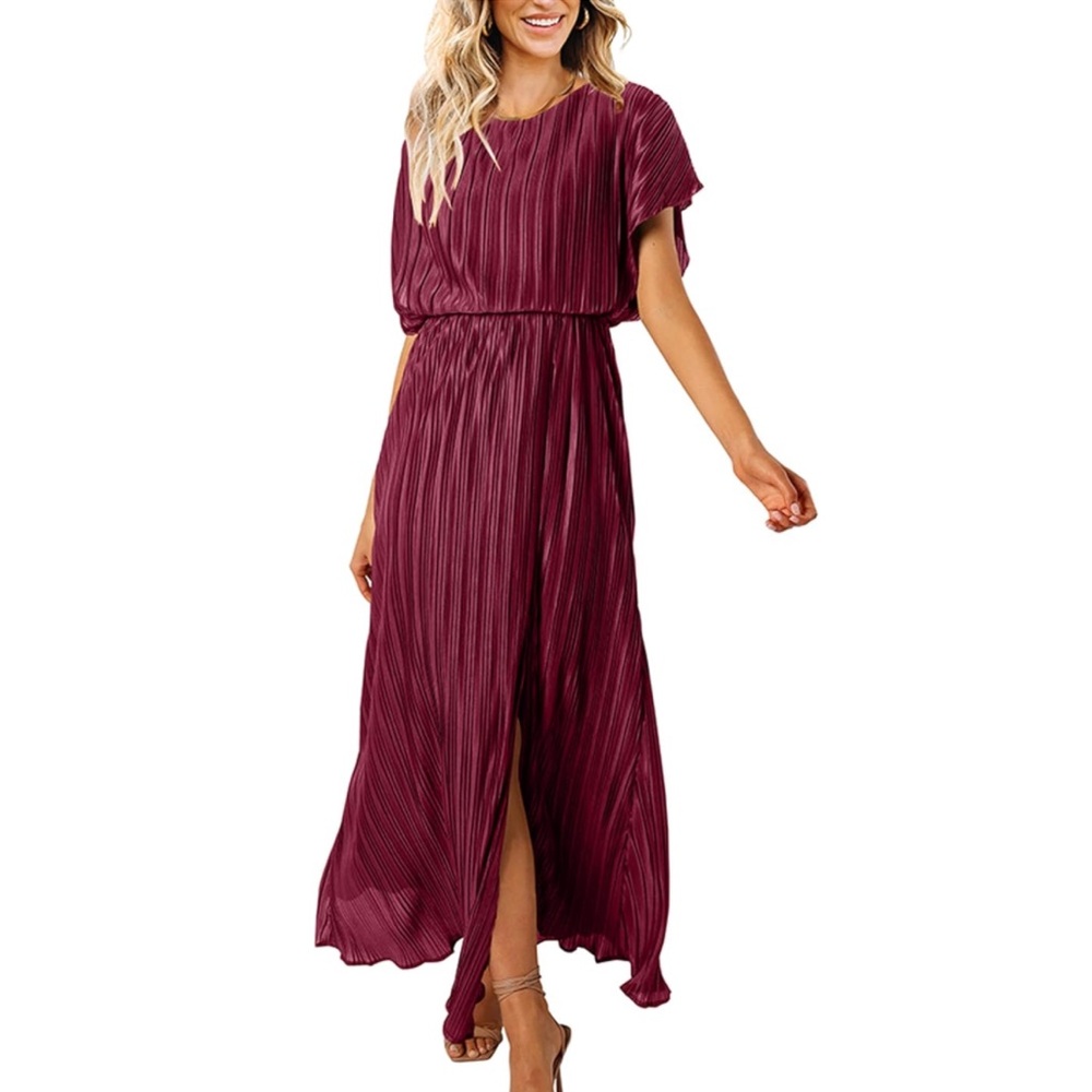 Short Sleeve Pleated Empire Waist Maxi Dress